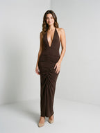 Espresso Stretch Knit Sheath Halter Neckline Backless Floor-Length Formal Dress with Pleating - Curvevia