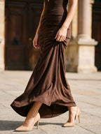 Espresso Stretch Knit Sheath Halter Neckline Backless Floor-Length Formal Dress with Pleating - Curvevia