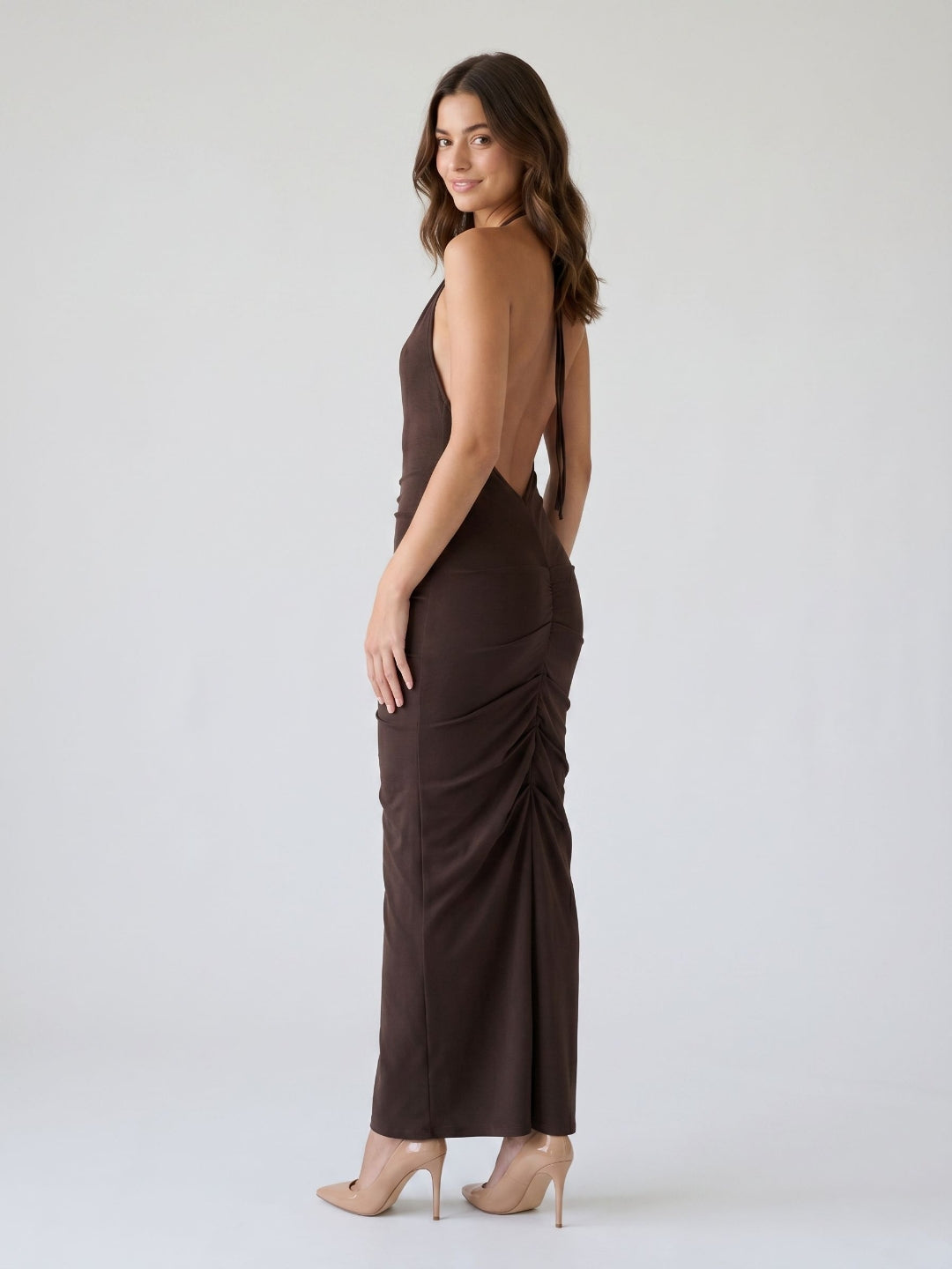 Espresso Stretch Knit Sheath Halter Neckline Backless Floor-Length Formal Dress with Pleating - Curvevia