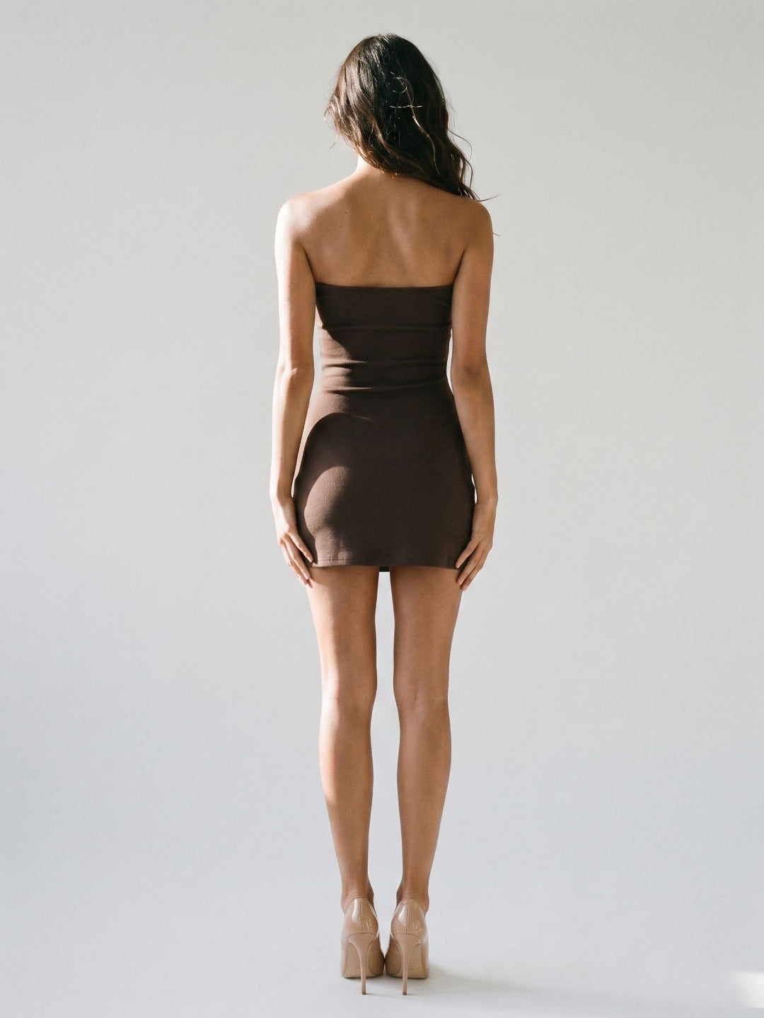 Espresso Stretch Knit Sheath Straight Neck Backless Short Dress - Curvevia
