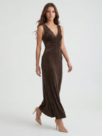 Espresso Velvet Sheath V-Neck Side Zip Ankle-Length Pleated Bridesmaid Dress - Curvevia