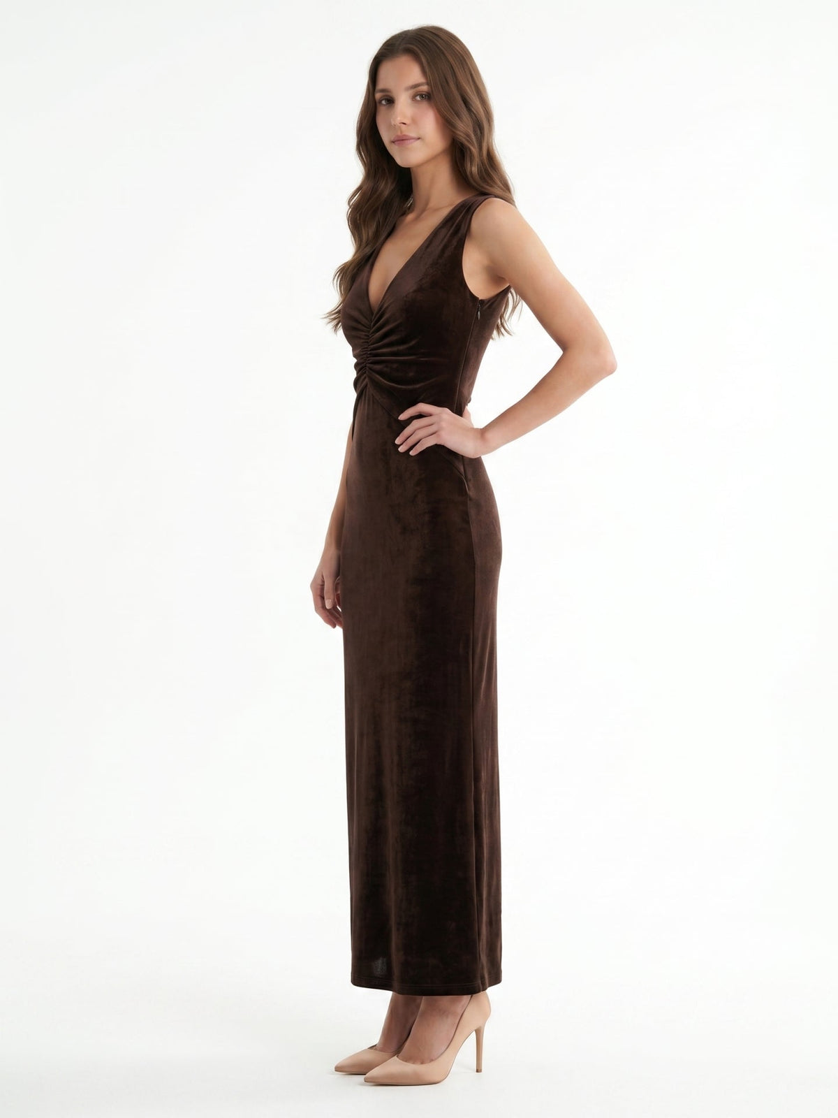 Espresso Velvet Sheath V-Neck Side Zip Ankle-Length Pleated Bridesmaid Dress - Curvevia