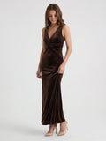 Espresso Velvet Sheath V-Neck Side Zip Ankle-Length Pleated Bridesmaid Dress - Curvevia
