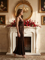 Espresso Velvet Sheath V-Neck Side Zip Ankle-Length Pleated Bridesmaid Dress - Curvevia