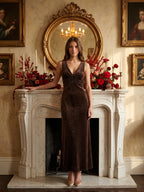 Espresso Velvet Sheath V-Neck Side Zip Ankle-Length Pleated Bridesmaid Dress - Curvevia