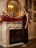 Espresso Velvet Sheath V-Neck Side Zip Ankle-Length Pleated Bridesmaid Dress - Curvevia