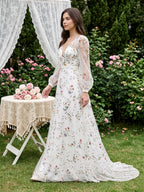 Ethereal White Tulle A-Line V-Neck V-Back Floor-Length Mother of the Bride Dress - Curvevia