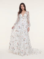 Ethereal White Tulle A-Line V-Neck V-Back Floor-Length Mother of the Bride Dress - Curvevia
