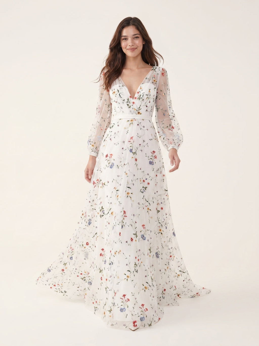 Ethereal White Tulle A-Line V-Neck V-Back Floor-Length Mother of the Bride Dress - Curvevia
