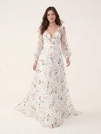 Ethereal White Tulle A-Line V-Neck V-Back Floor-Length Mother of the Bride Dress - Curvevia