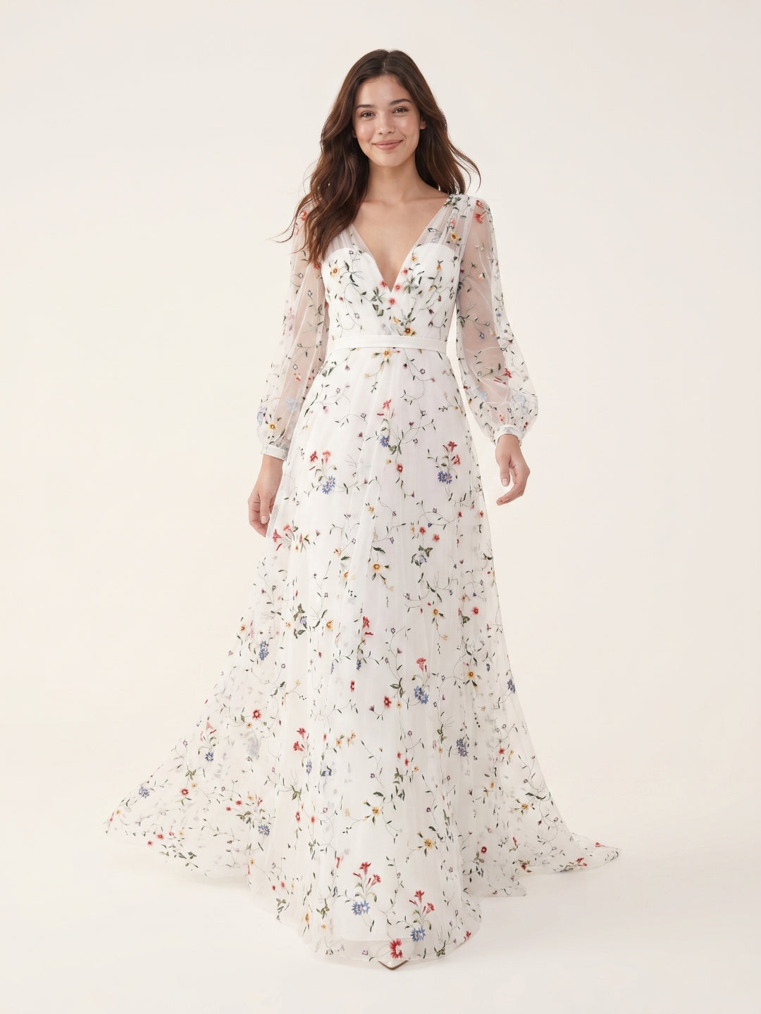 Ethereal White Tulle A-Line V-Neck V-Back Floor-Length Mother of the Bride Dress - Curvevia