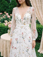 Ethereal White Tulle A-Line V-Neck V-Back Floor-Length Mother of the Bride Dress - Curvevia