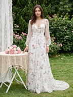 Ethereal White Tulle A-Line V-Neck V-Back Floor-Length Mother of the Bride Dress - Curvevia