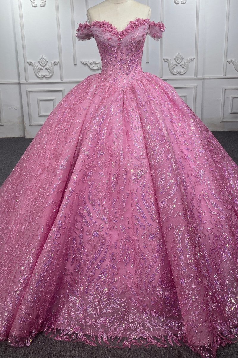 Exquisite Tulle V-neck Off the Shoulder Appliqued Quinceanera Dress - Curvevia
