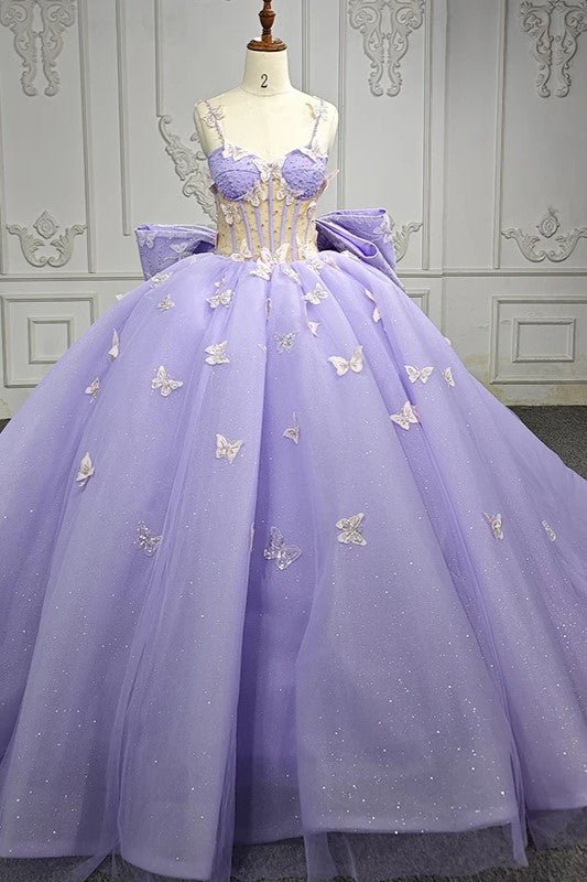 Spaghetti Straps Quinceanera Dresses Ball Gown with Butterfly Appliques and Bowknot - Curvevia