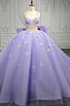Spaghetti Straps Quinceanera Dresses Ball Gown with Butterfly Appliques and Bowknot - Curvevia