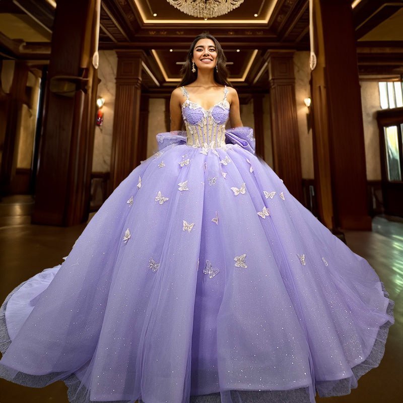 Spaghetti Straps Quinceanera Dresses Ball Gown with Butterfly Appliques and Bowknot - Curvevia