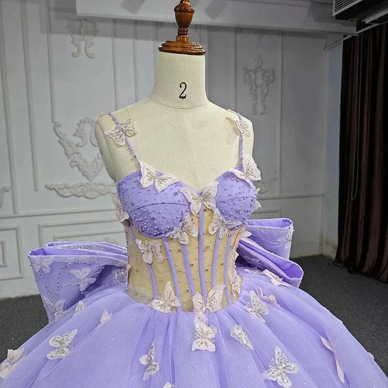 Spaghetti Straps Quinceanera Dresses Ball Gown with Butterfly Appliques and Bowknot - Curvevia