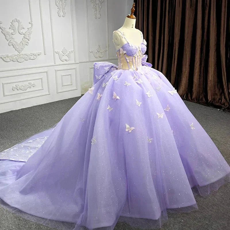 Spaghetti Straps Quinceanera Dresses Ball Gown with Butterfly Appliques and Bowknot - Curvevia