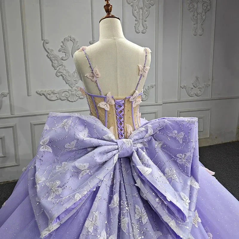 Spaghetti Straps Quinceanera Dresses Ball Gown with Butterfly Appliques and Bowknot - Curvevia