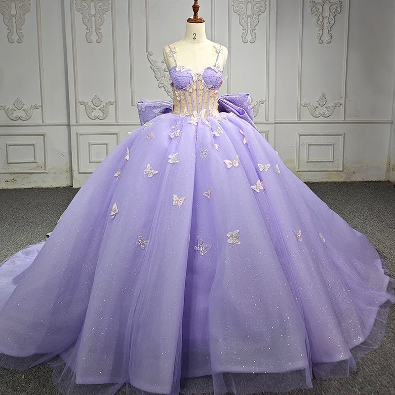Spaghetti Straps Quinceanera Dresses Ball Gown with Butterfly Appliques and Bowknot - Curvevia