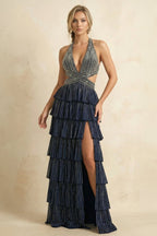 Royal Blue A-Line Halter Satin Beaded Long Wedding Guest Dress With Ruffles - Curvevia
