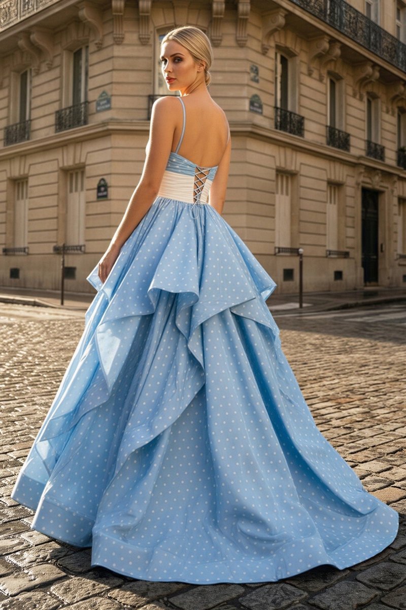 Blue Halter Satin A Line Dot Wedding Guest Dress With Flower - Curvevia