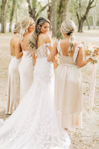 Champagne Sheath Satin Long Mismatch Bridesmaid Dress - Curvevia