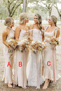 Champagne Sheath Satin Long Mismatch Bridesmaid Dress - Curvevia