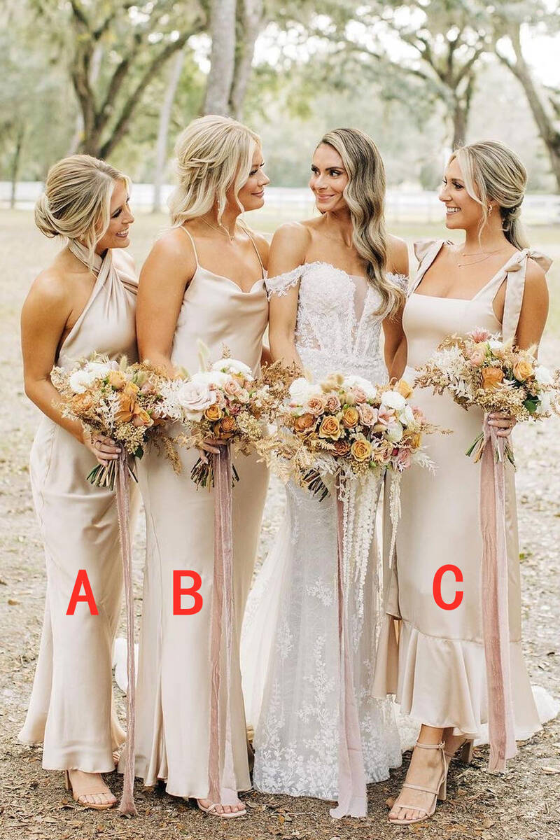 Champagne Sheath Satin Long Mismatch Bridesmaid Dress - Curvevia