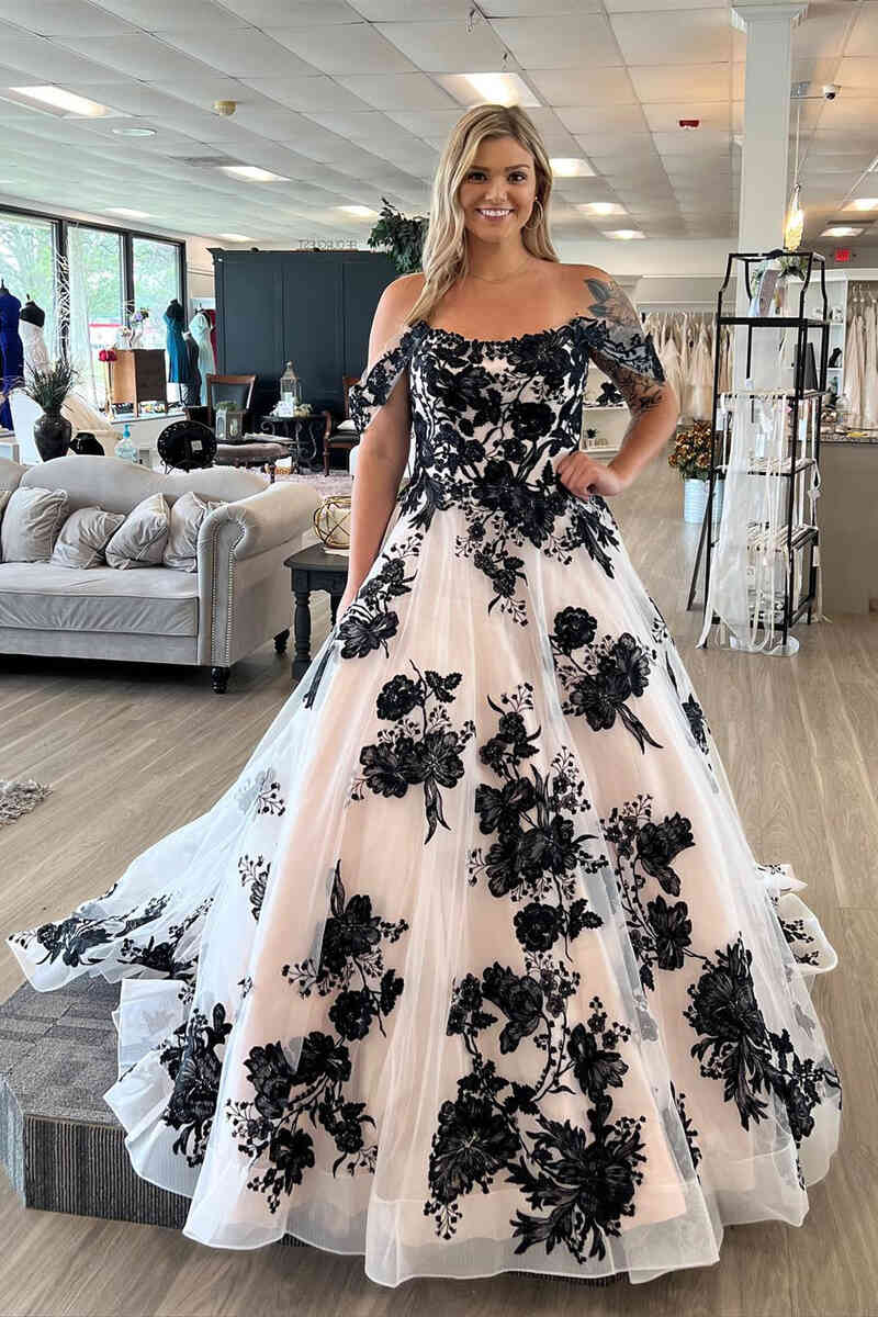 Off the Shoulder Tulle Long Wedding Dress with Black Appliques - Curvevia