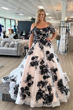 Off the Shoulder Tulle Long Wedding Dress with Black Appliques - Curvevia