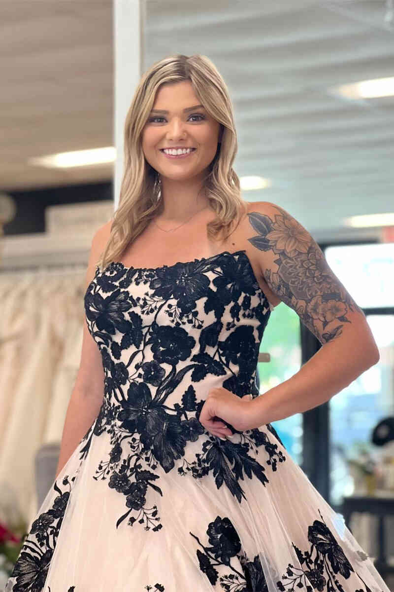 Off the Shoulder Tulle Long Wedding Dress with Black Appliques - Curvevia