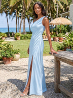 Fluid Sky Blue Matte Satin Trumpet One Shoulder Back Zip Ankle-Length Bridesmaid Dress - Curvevia