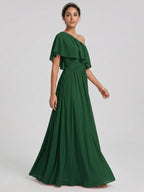 Coquette Forest Green Chiffon A-Line One Shoulder Backless with Pleated Ankle-Length Bridesmaid Dress - Curvevia