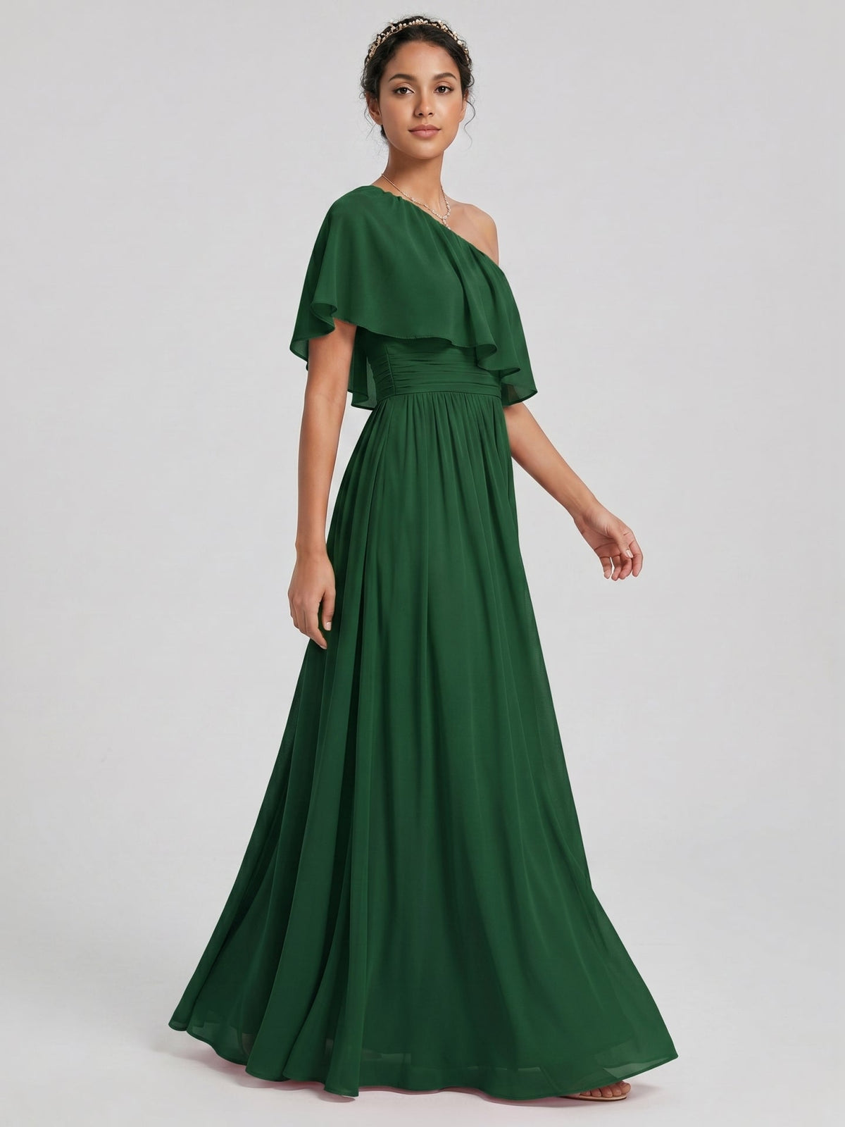Coquette Forest Green Chiffon A-Line One Shoulder Backless with Pleated Ankle-Length Bridesmaid Dress - Curvevia