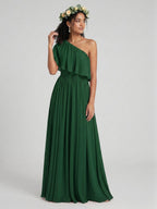 Coquette Forest Green Chiffon A-Line One Shoulder Backless with Pleated Ankle-Length Bridesmaid Dress - Curvevia