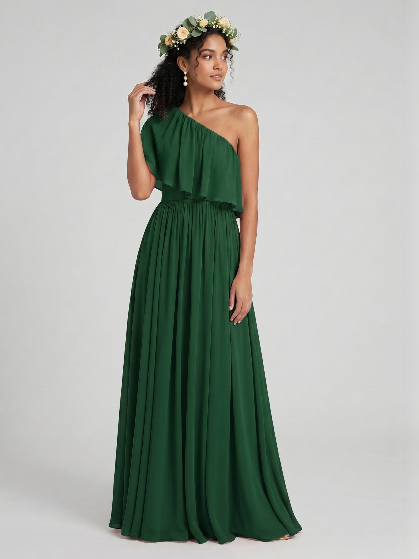 Coquette Forest Green Chiffon A-Line One Shoulder Backless with Pleated Ankle-Length Bridesmaid Dress - Curvevia