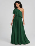 Coquette Forest Green Chiffon A-Line One Shoulder Backless with Pleated Ankle-Length Bridesmaid Dress - Curvevia