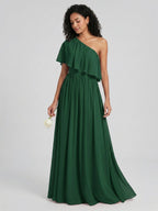 Coquette Forest Green Chiffon A-Line One Shoulder Backless with Pleated Ankle-Length Bridesmaid Dress - Curvevia