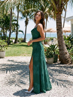 Forest Green Chiffon A-Line Cowl Neck Back Zip Floor-Length Bridesmaid Dress with Pleating - Curvevia
