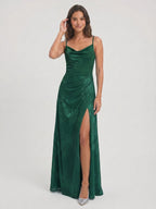 Forest Green Chiffon A-Line Cowl Neck Back Zip Floor-Length Bridesmaid Dress with Pleating - Curvevia