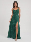 Forest Green Chiffon A-Line Cowl Neck Back Zip Floor-Length Bridesmaid Dress with Pleating - Curvevia