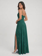Forest Green Chiffon A-Line Cowl Neck Back Zip Floor-Length Bridesmaid Dress with Pleating - Curvevia