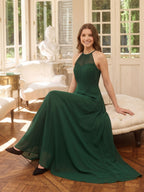 Forest Green Chiffon A-Line Halter Back Zip Floor-Length Bridesmaid Dress - Curvevia