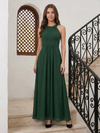 Forest Green Chiffon A-Line Halter Back Zip Floor-Length Pleated Bridesmaid Dress - Curvevia