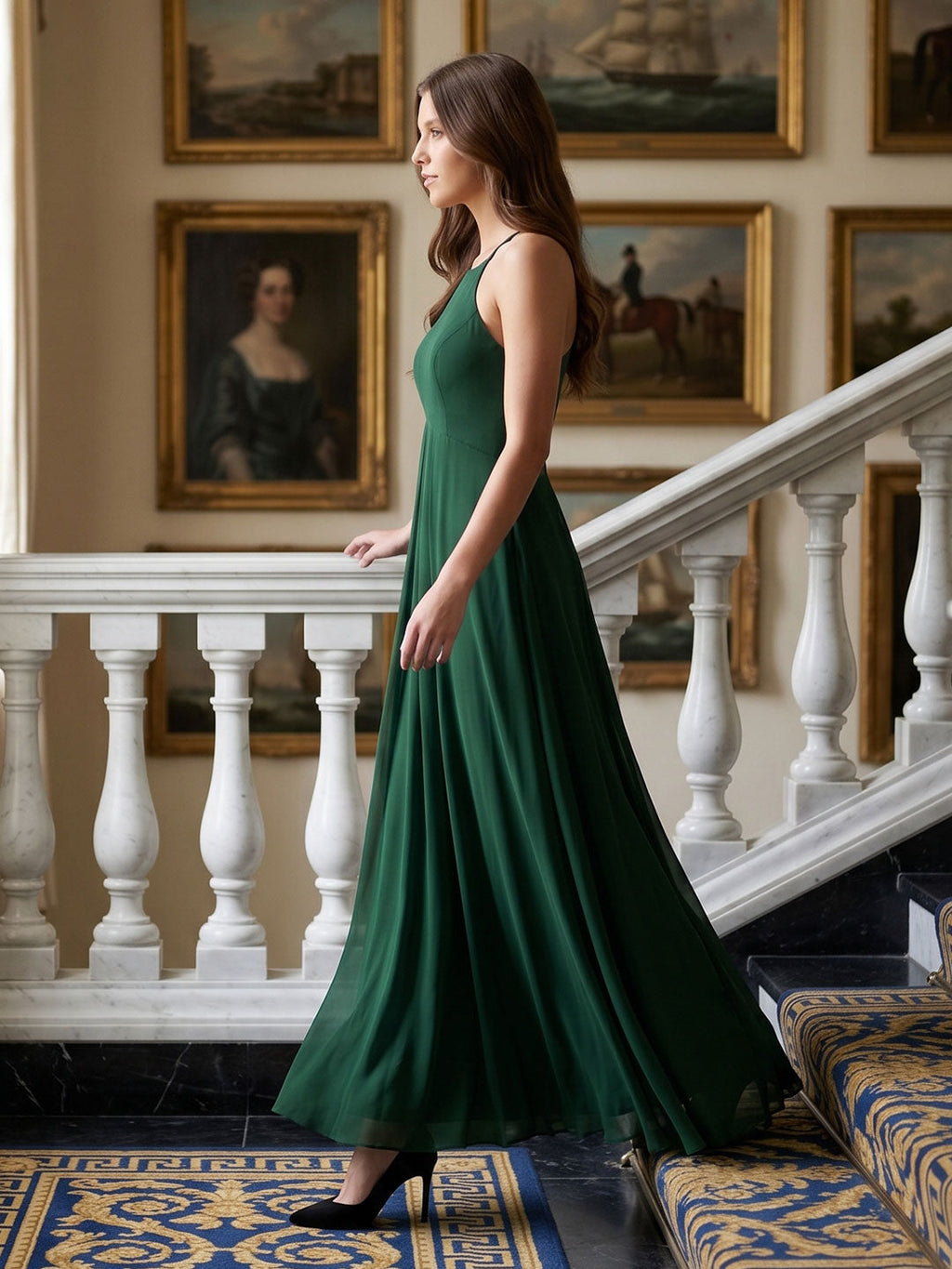 Forest Green Chiffon A-Line Halter Back Zip Floor-Length Ruffle Bridesmaid Dress - Curvevia