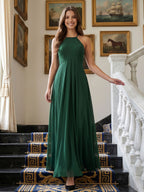 Forest Green Chiffon A-Line Halter Back Zip Floor-Length Ruffle Bridesmaid Dress - Curvevia