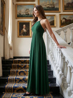 Forest Green Chiffon A-Line Halter Back Zip Floor-Length Ruffle Bridesmaid Dress - Curvevia