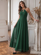 Forest Green Chiffon A-Line Halter Backless Floor-Length Bridesmaid Dress - Curvevia